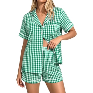 image:imageSWOMOG 100 Cotton Pajama Set For Women 2PCS Plaid Pjs Set Short Sleeve Shirts with Pockets Button Down Cute Loungewear
