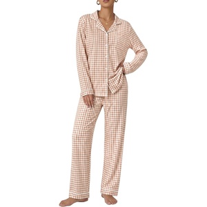 image:imageSWOMOG 100 Cotton Pajama Set for Women 2 PCS Long Sleeve Plaid Pjs Set Button Down Sleepwear with Pants