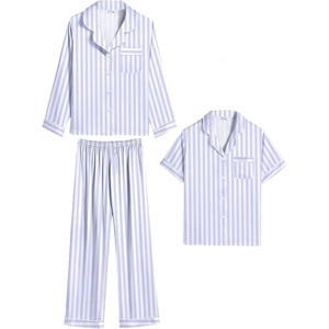 image:imageSWOMOG Kids Satin Pajamas Sets Girls Boys ButtonDown Pjs Short Sleeve Silk Nightwear 2 Piece Lounge SetsLong Sleeveblue Striped