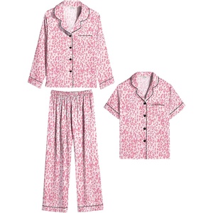 image:imageSWOMOG Kids Satin Pajamas Sets Girls Boys ButtonDown Pjs Short Sleeve Silk Nightwear 2 Piece Lounge SetsLong Sleevepink Print Leopard