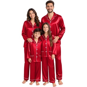 image:imageSWOMOG Matching Family Pajamas Set Women amp Men Silk Satin Pjs 2 Pcs Long Sleeve Button Down Sleepwear with 2 PocketsBright Red