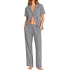 image:imageSWOMOG Womens 100 Cotton Pajamas Soft Short Sleeve Lounge Set 2 Piece Button Down Sleepwear with PocketsGrey