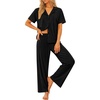 image:imageSWOMOG Womens 100 Cotton Pajamas Soft Short Sleeve Lounge Set 2 Piece Button Down Sleepwear with PocketsBlack