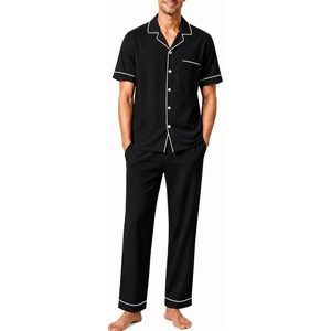 image:imageSWOMOG 100 Cotton Men Pajamas Set Button Down Short Sleeve Sleepwear Loungewear Pjs Set with PocketsBlack