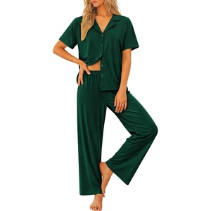 image:imageSWOMOG Womens 100 Cotton Pajamas Soft Short Sleeve Lounge Set 2 Piece Button Down Sleepwear with PocketsGreen