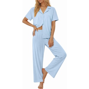 image:imageSWOMOG Womens 100 Cotton Pajamas Soft Short Sleeve Lounge Set 2 Piece Button Down Sleepwear with PocketsLight Blue