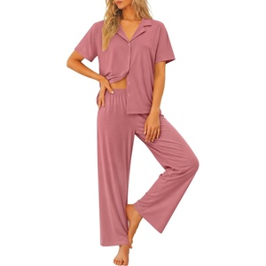image:imageSWOMOG Womens 100 Cotton Pajamas Soft Short Sleeve Lounge Set 2 Piece Button Down Sleepwear with PocketsPink