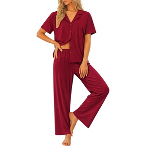 image:imageSWOMOG Womens 100 Cotton Pajamas Soft Short Sleeve Lounge Set 2 Piece Button Down Sleepwear with PocketsWine Red