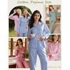 image:imageSWOMOG 100 Cotton Pajama Sets for Women Long Sleeve Button Down Plaid Sleep Set 2 Pcs Striped Loungewear with PocketsBlue Striped