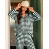 image:imageSWOMOG 100 Cotton Pajama Sets for Women Long Sleeve Button Down Plaid Sleep Set 2 Pcs Striped Loungewear with PocketsDark Green Plaid