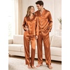 image:imageSWOMOG Couples Satin Pajama Set Long Sleeve Sleepwear Button Down Loungewear Striped Pj Set with PocketsStripes in Coffee