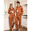 image:imageSWOMOG Couples Satin Pajama Set Long Sleeve Sleepwear Button Down Loungewear Striped Pj Set with PocketsStripes in Coffee