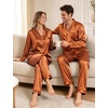 image:imageSWOMOG Couples Satin Pajama Set Long Sleeve Sleepwear Button Down Loungewear Striped Pj Set with PocketsStripes in Coffee