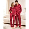 image:imageSWOMOG Couples Satin Pajama Set Long Sleeve Sleepwear Button Down Loungewear Striped Pj Set with PocketsStripes in Red