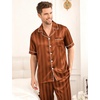 image:imageSWOMOG Mens Satin Pajama Set Short Sleeve Classic Sleepwear Button Down Silky Loungewear with Long PantsBrown Stripes