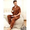 image:imageSWOMOG Mens Satin Pajama Set Short Sleeve Classic Sleepwear Button Down Silky Loungewear with Long PantsBrown Stripes
