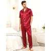 image:imageSWOMOG Mens Satin Pajama Set Short Sleeve Classic Sleepwear Button Down Silky Loungewear with Long PantsStriped in Red