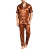 image:imageSWOMOG Mens Satin Pajama Set Short Sleeve Classic Sleepwear Button Down Silky Loungewear with Long PantsBrown Stripes