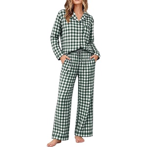 image:imageSWOMOG 100 Cotton Pajama Sets for Women Long Sleeve Button Down Plaid Sleep Set 2 Pcs Striped Loungewear with PocketsDark Green Plaid