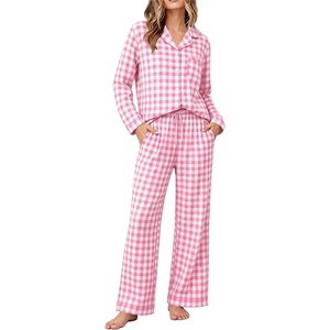 image:imageSWOMOG 100 Cotton Pajama Sets for Women Long Sleeve Button Down Plaid Sleep Set 2 Pcs Striped Loungewear with PocketsLight Pink Plaid