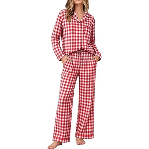 image:imageSWOMOG 100 Cotton Pajama Sets for Women Long Sleeve Button Down Plaid Sleep Set 2 Pcs Striped Loungewear with PocketsRed Plaid