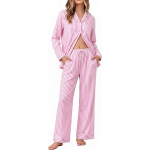 image:imageSWOMOG 100 Cotton Pajama Sets for Women Long Sleeve Button Down Plaid Sleep Set 2 Pcs Striped Loungewear with PocketsWhite Pink Striped