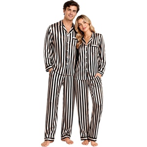image:imageSWOMOG Couples Satin Pajama Set Long Sleeve Sleepwear Button Down Loungewear Striped Pj Set with PocketsBlack White Stripes