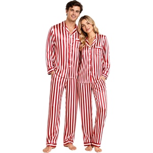image:imageSWOMOG Couples Satin Pajama Set Long Sleeve Sleepwear Button Down Loungewear Striped Pj Set with PocketsRed White Stripes