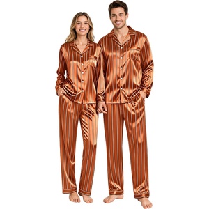image:imageSWOMOG Couples Satin Pajama Set Long Sleeve Sleepwear Button Down Loungewear Striped Pj Set with PocketsStripes in Coffee