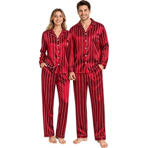 image:imageSWOMOG Couples Satin Pajama Set Long Sleeve Sleepwear Button Down Loungewear Striped Pj Set with PocketsStripes in Red