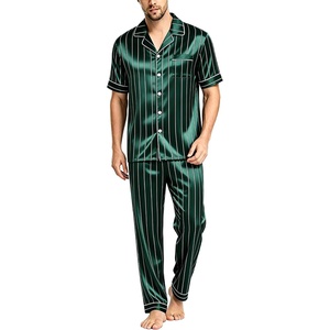 image:imageSWOMOG Mens Satin Pajama Set Short Sleeve Classic Sleepwear Button Down Silky Loungewear with Long PantsStriped in Deep Green