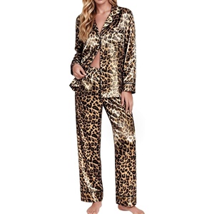 image:imageSWOMOG Womens Satin Pajamas Long Sleeve Sleepwear Silk Soft Button Down Loungewear Pjs Set SXXLLeopard