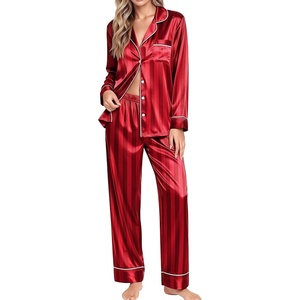 image:imageSWOMOG Womens Satin Pajamas Long Sleeve Sleepwear Silk Soft Button Down Loungewear Pjs Set SXXLRed Striped