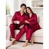 image:imageSWOMOG Family Satin Pajama Set Long Sleeve Sleepwear Button Down Loungewear Silky Pj Set with Long PantsBurgundy