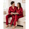 image:imageSWOMOG Family Satin Pajama Set Long Sleeve Sleepwear Button Down Loungewear Silky Pj Set with Long PantsBurgundy