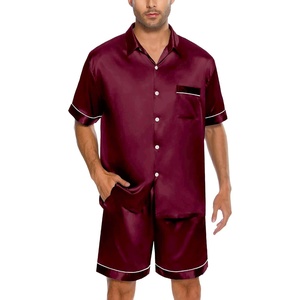 image:imageSWOMOG Men Silk Satin Pajamas Set Button Down Sleepwear Short Sleeve Pjs Set Soft 2 Piece Lounge Set Nightwear with Pockets