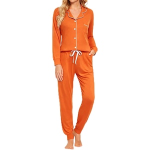 image:imageSWOMOG Womens Pajamas Set Long Sleeve Sleepwear Button Down Nightwear Soft Joggers PJs Sets with Pockets Lounge Sets Orange