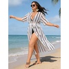 image:imageSWOMOG Women Plus Size Swimsuit Cover Up Bikini Bathing Suit Sexy Deep V Neck Swim Beach Dresses Summer BeachwearLong Ruffledwhite Stripe
