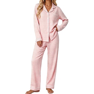 image:imageSWOMOG Pajamas for Women Sets 2 Piece Button Down Printed Pjs Long Sleeve Tops and Pants Sleepwear Cute LoungewearPink White Plaid