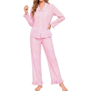 image:imageSWOMOG Women 100 Cotton Pajama Sets Two Piece Long Sleeve Ruffle Pj Sets Button Down Sleepwear Loungewear with PantsPink Stripe