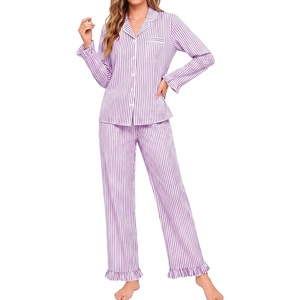 image:imageSWOMOG Women 100 Cotton Pajama Sets Two Piece Long Sleeve Ruffle Pj Sets Button Down Sleepwear Loungewear with PantsPuple Stripe